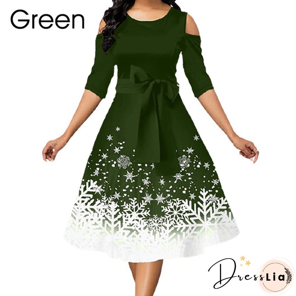 Women Fashion Belted Snowflake Print Christmas Dress Cold Shoulder Round Neck Party Dress Plus Size A-Line Dresses