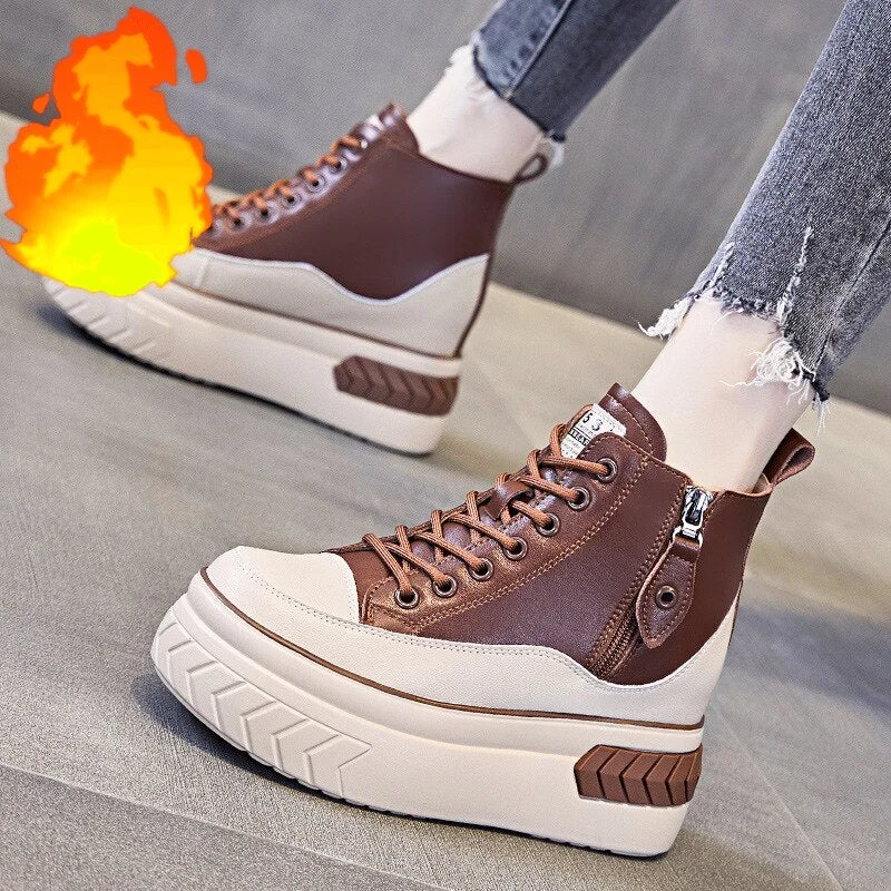 Fujin High Top Women Shoes Genuine Pleather 8cm Platform Wedge Hidden Heel Zipper Spring Autumn Warm Fur Winter Shooes Sneakers