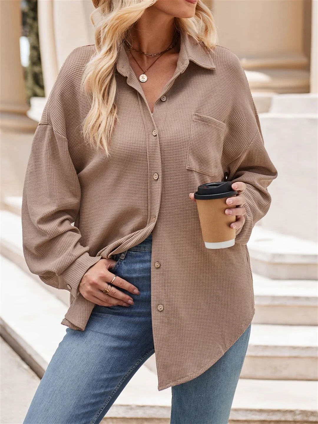 Women's Pockets Buttons Solid Color Long Sleeve V-neck Top