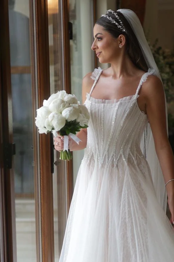 Miabel Elegant White Tulle Spaghetti Strap Sleeveless Sequins A Line Wedding Dress with Lace   