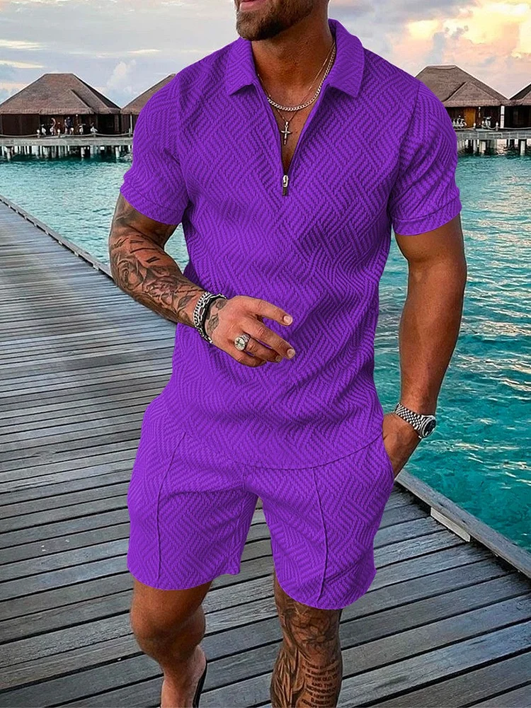 Men's Solid Color Zip Polo Shirt and Shorts Two-Piece Suits