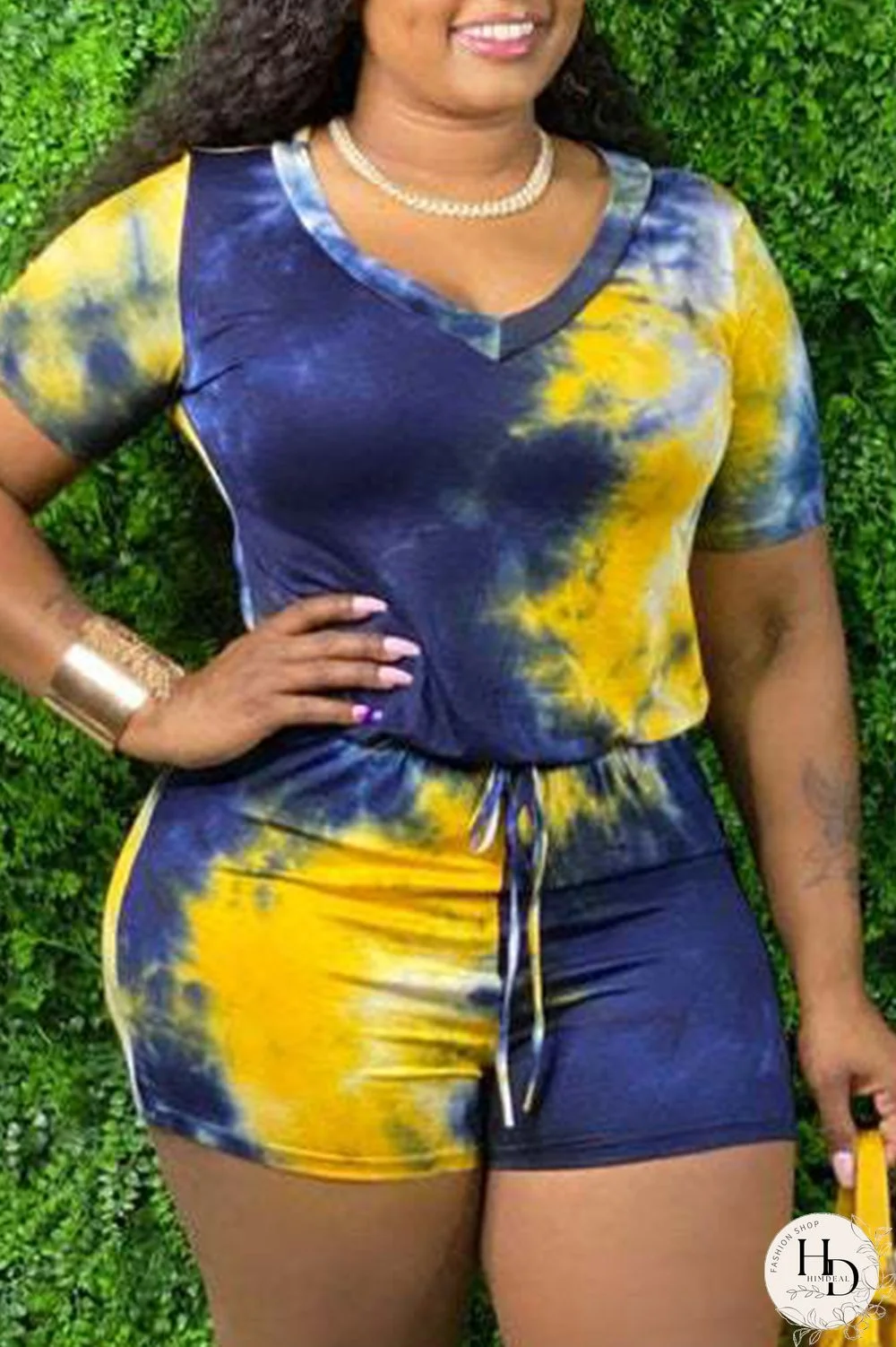 Blue Plus Size Fashion Sexy Casual Tie Dye Frenulum O Neck Plus Size Jumpsuits