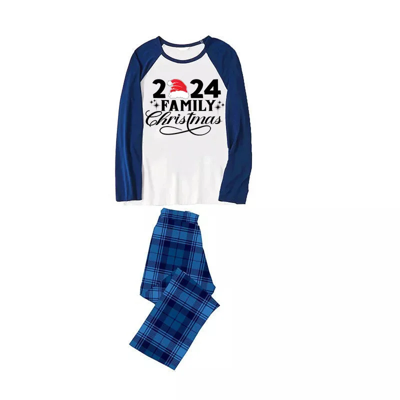 "2024 Family Christmas" Letter Print Blue & Black Plaid Family Matching White Pajamas With Dog