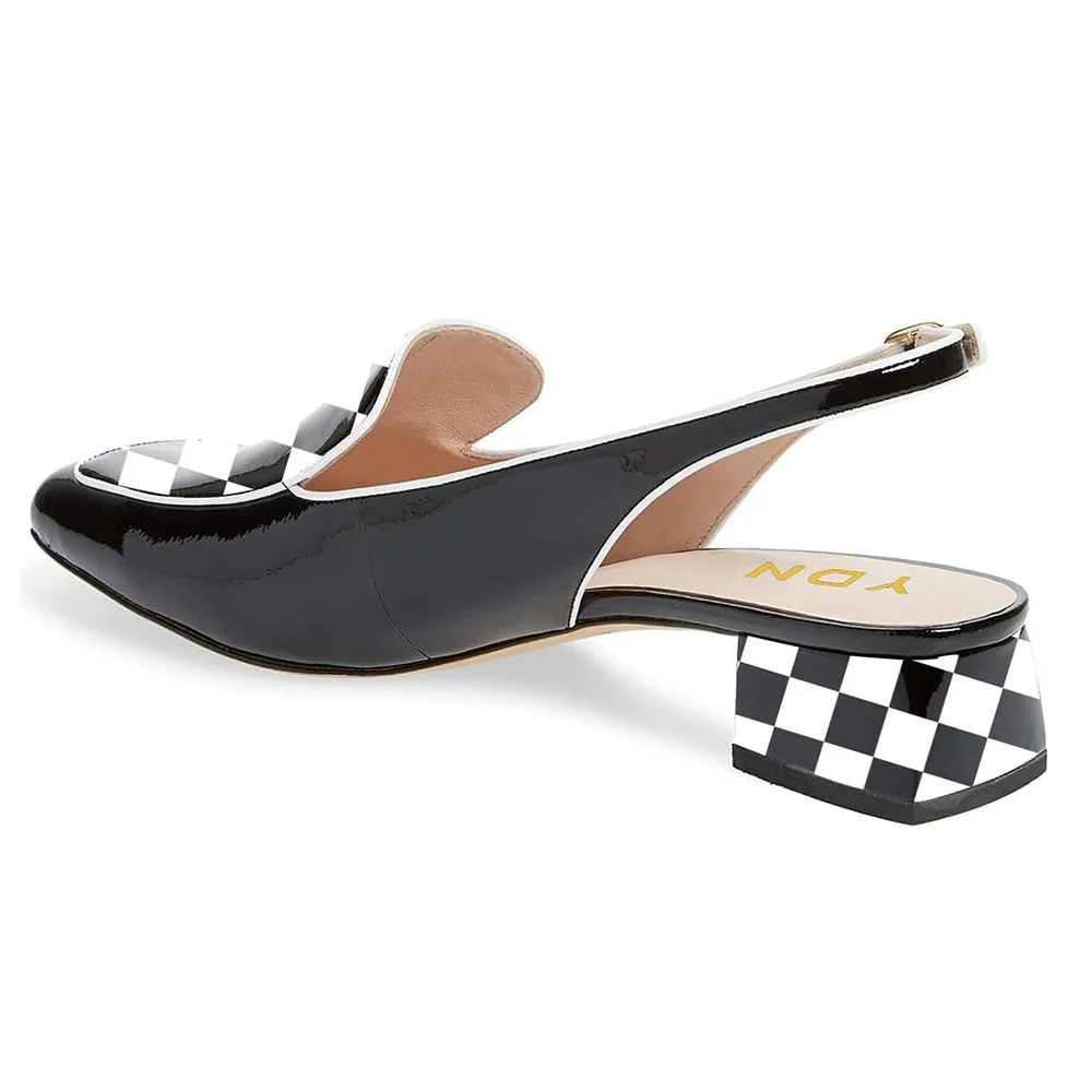 Classic Black & White Checkered Patent Leather Slingback Loafer Heels
