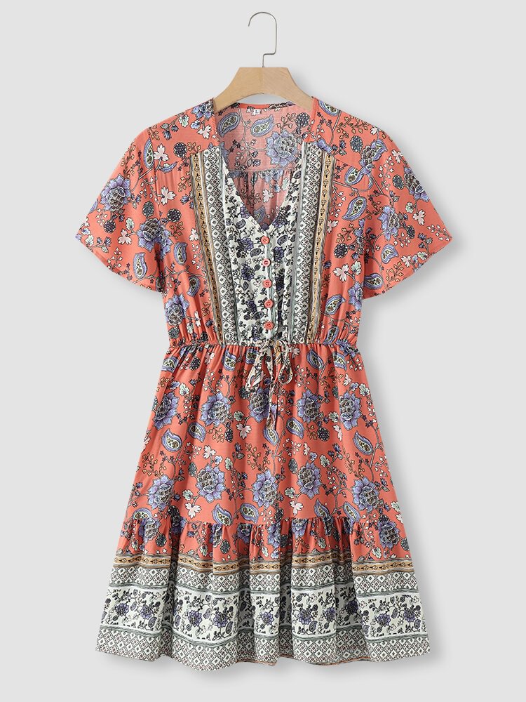 Floral Print Drawstring Button Short Sleeve V-neck Bohemian Dress - Shop Trendy Women's Fashion | TeeYours