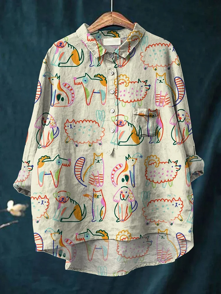 Women's Cute Animal Art Print Casual Cotton And Linen Shirt