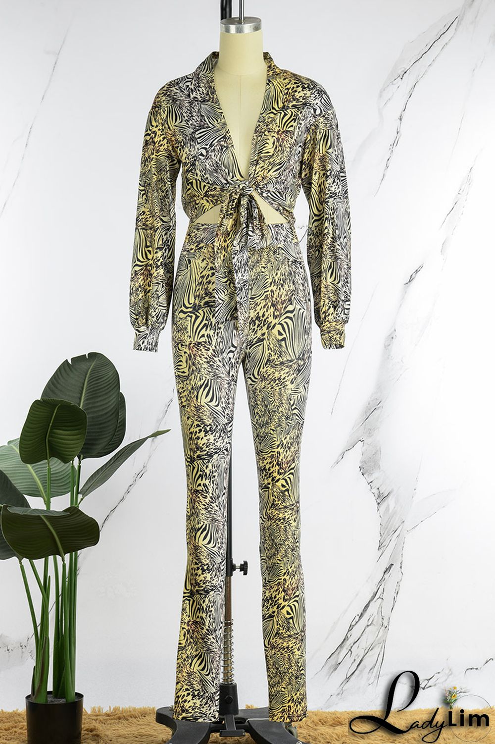 Green Casual Print Frenulum V Neck Long Sleeve Two Pieces