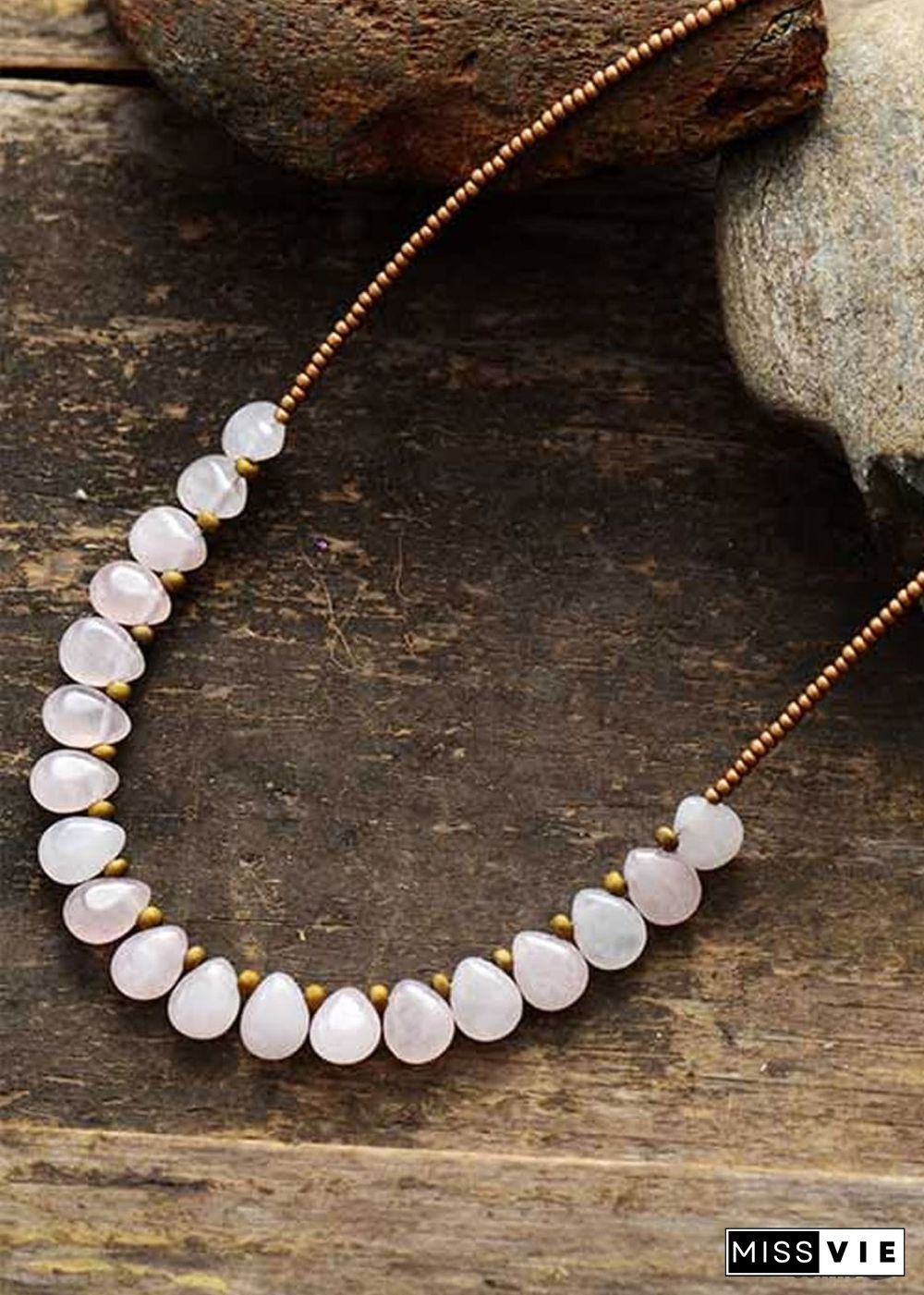 Boho Necklace, Blue Amazonite, Seed Beads Rose Quartz