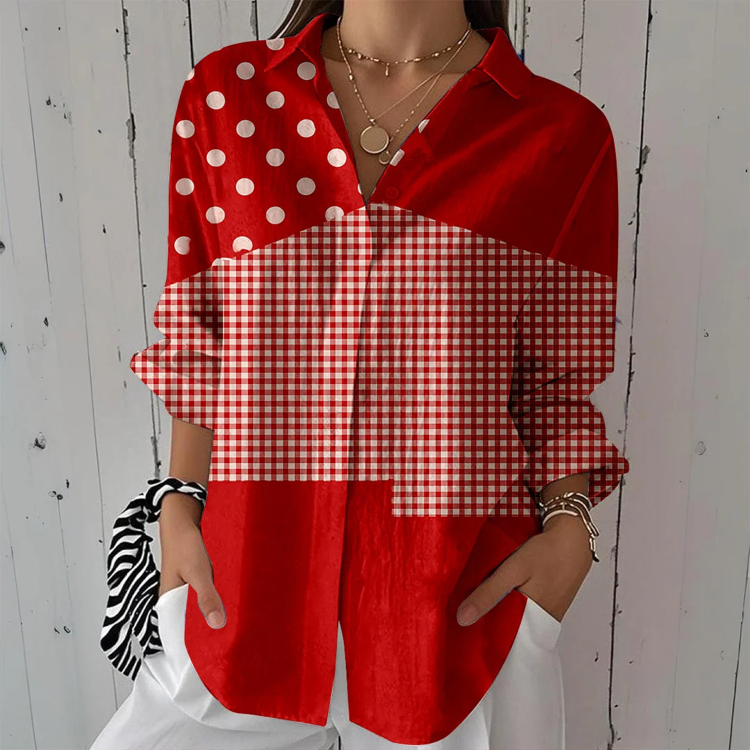 Style & Comfort for Mature Women Women Polka Dot, Striped, Red DZCL0048 3/4 Sleeve Shirt Collar Printed Button Tops
