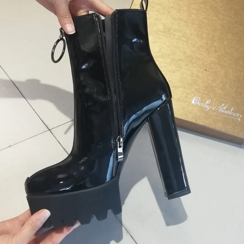Onlymaker Patent Leather Ankle Boots Platform Thick High Heel Zipper For Women Plus Size us5~us15 For Ladies Black Booties