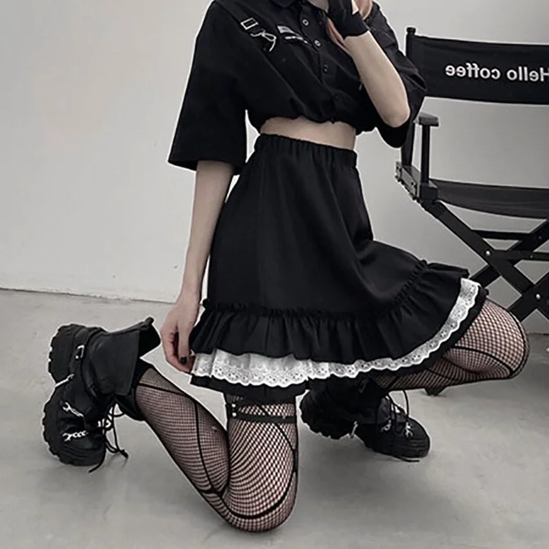 Zoki Gothic Women Japan Mini Skirt High Waist Jk A Line Sexy Lace Patchwork Girls Skirts Fashion Ruffles Club Black Faldas Mujer