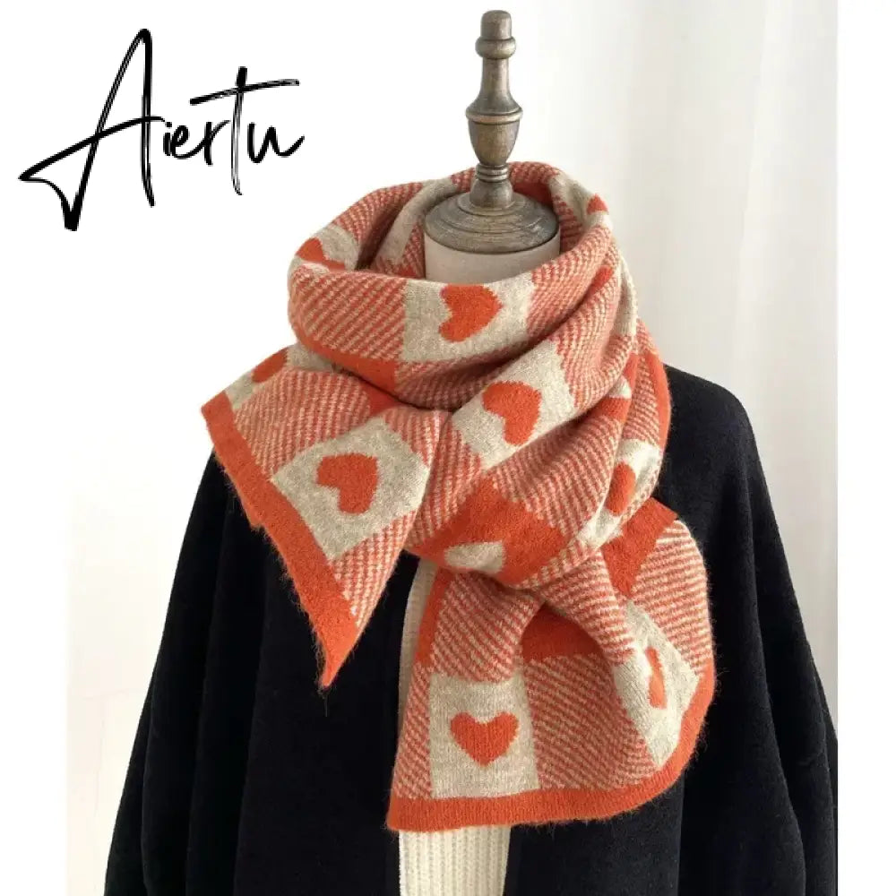 Knitted Scarf Love Heart Scarf Black White Plaid Scarf Thickened Warm Winter Women's Scarves Christmas New Year Gifts Black Aiertu