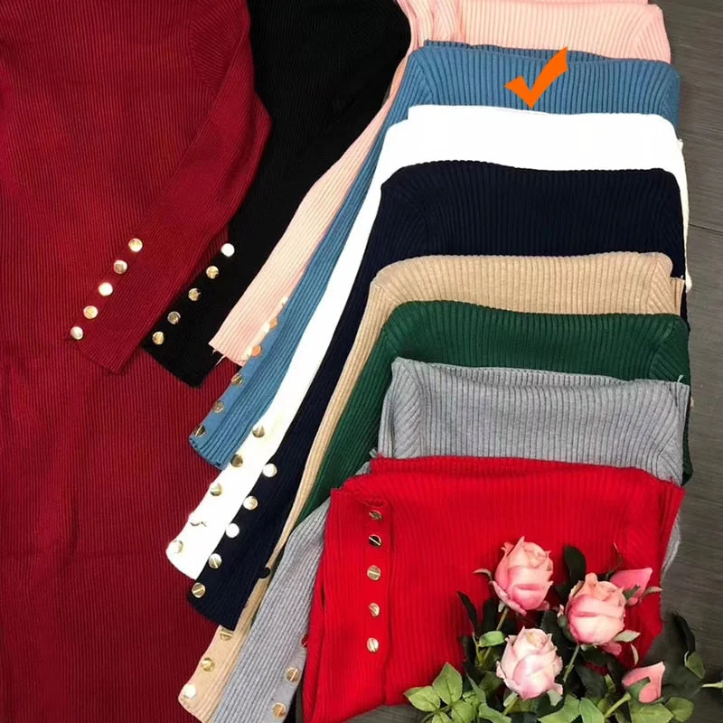 Winter Dress Women Turtleneck Sweater Dress Buttoned Long Sleeve Midi Knitted Bodycon Dress Elegant Womens Dresses Clothing Robe