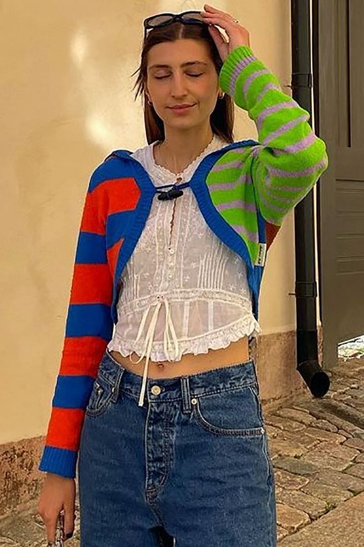 Multicolor Stripe Knit Turndown Irregular Cardigan Crop Top
