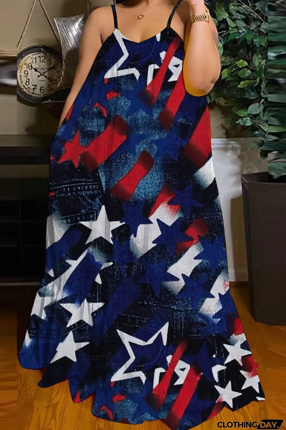 Blue Red Fashion Casual Print Backless Spaghetti Strap Long Dress
