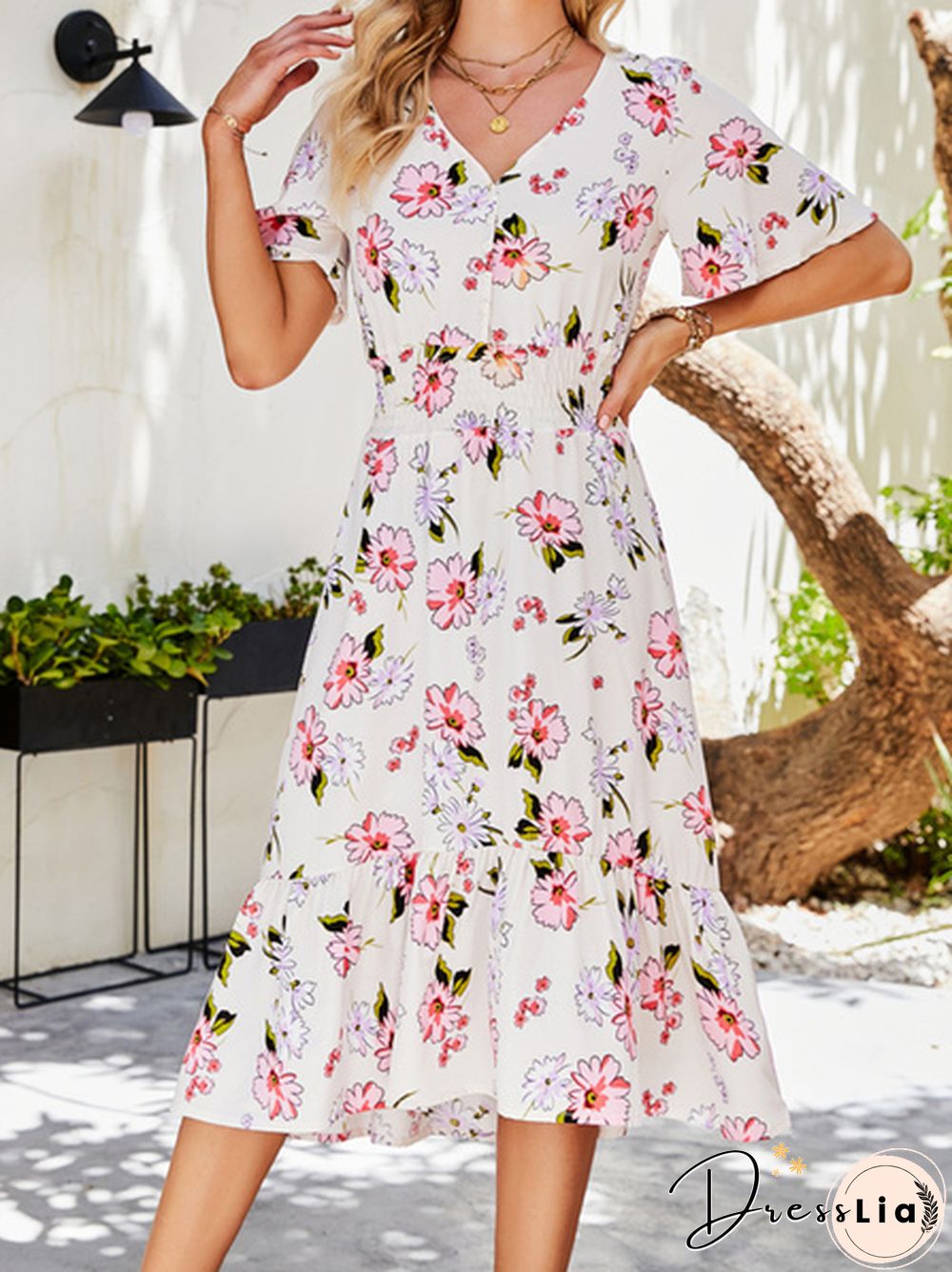 Disty Floral Smocked Elastic Waist Ruffle Hem Dress