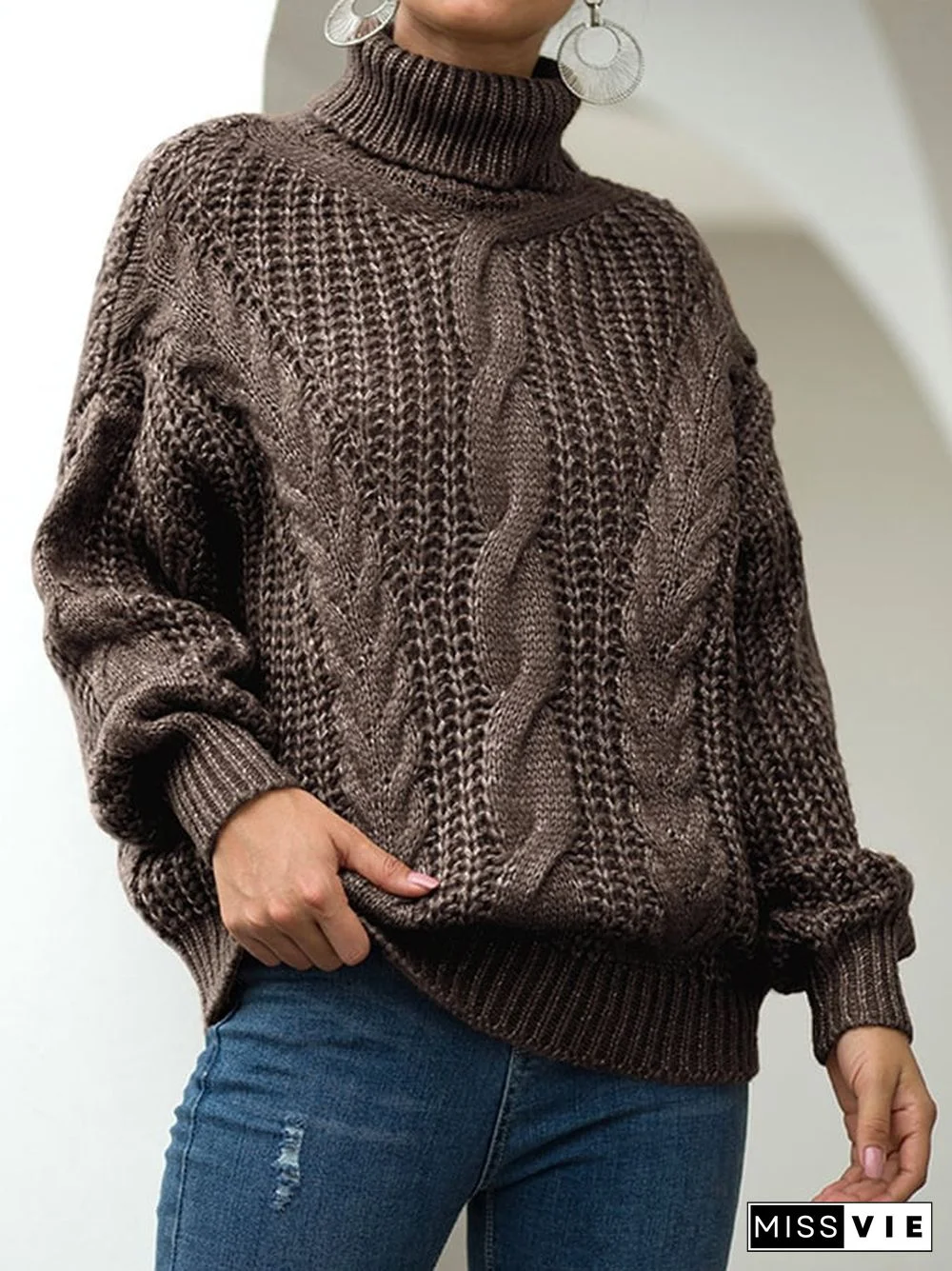 Women's Fashion Slouchy Cable Knit High Neck Pullover Sweater