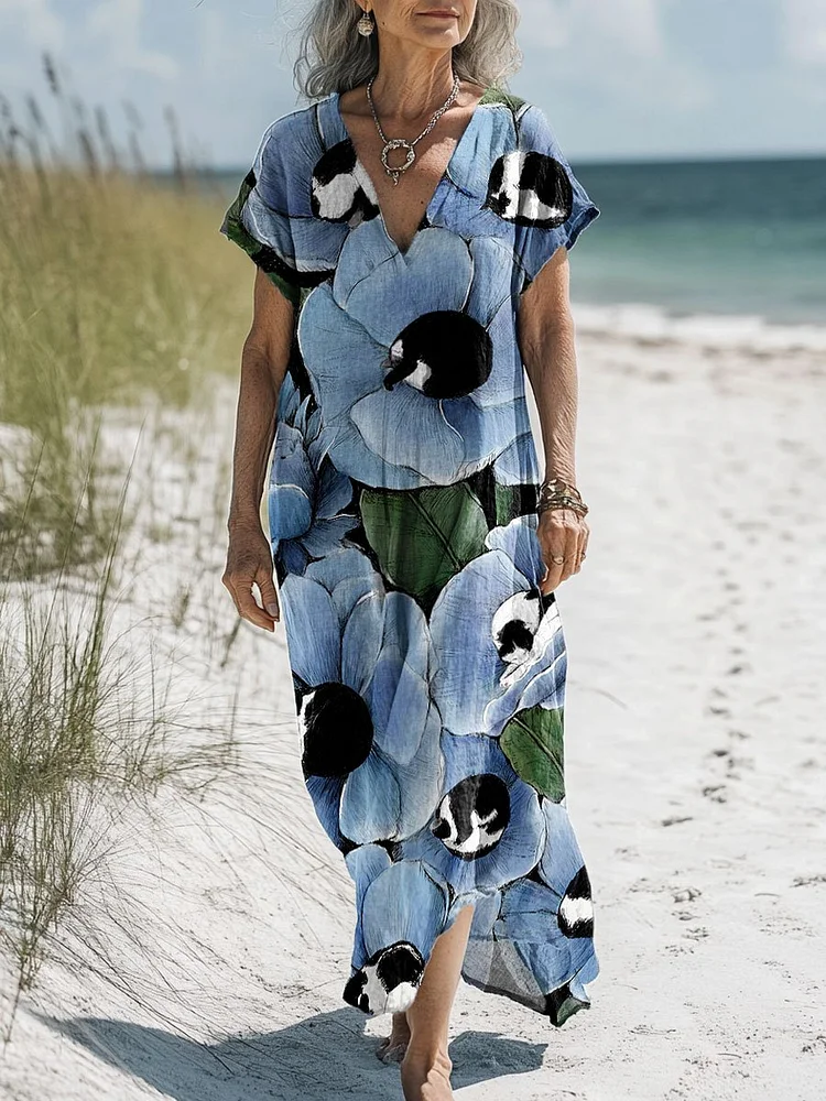 Women's Vintage Floral Cat Art Print Pocket Cotton Dress