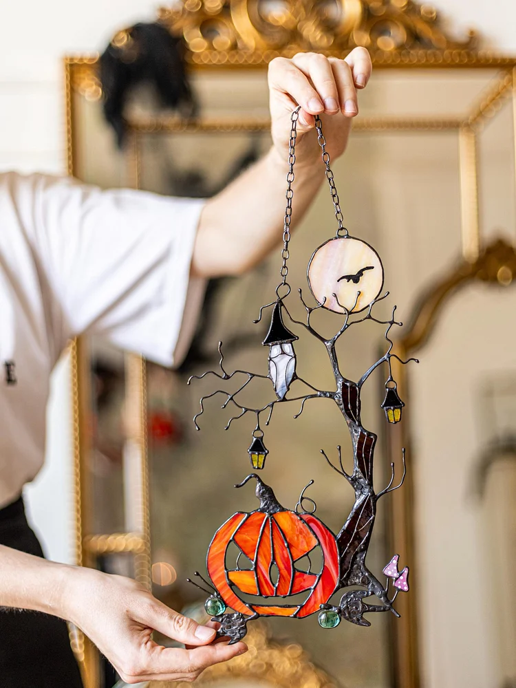 Enchanted Pumpkin & Crow Stained Glass Suncatcher