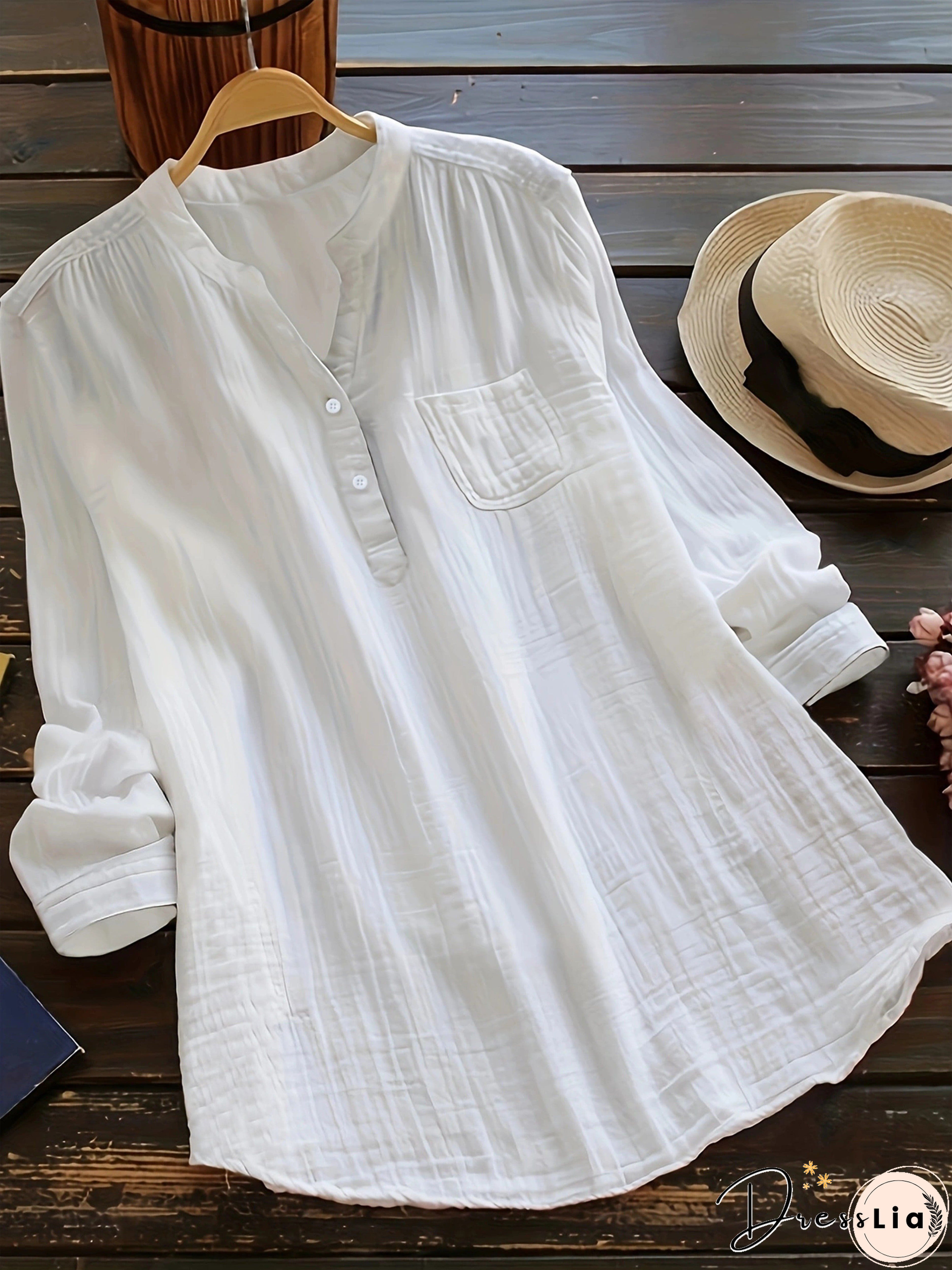 Plus Size Casual Blouse, Women's Plus Solid Long Sleeve Notched Neck Ruched Back Round Hem Slight Stretch Henley Blouse With Pocket