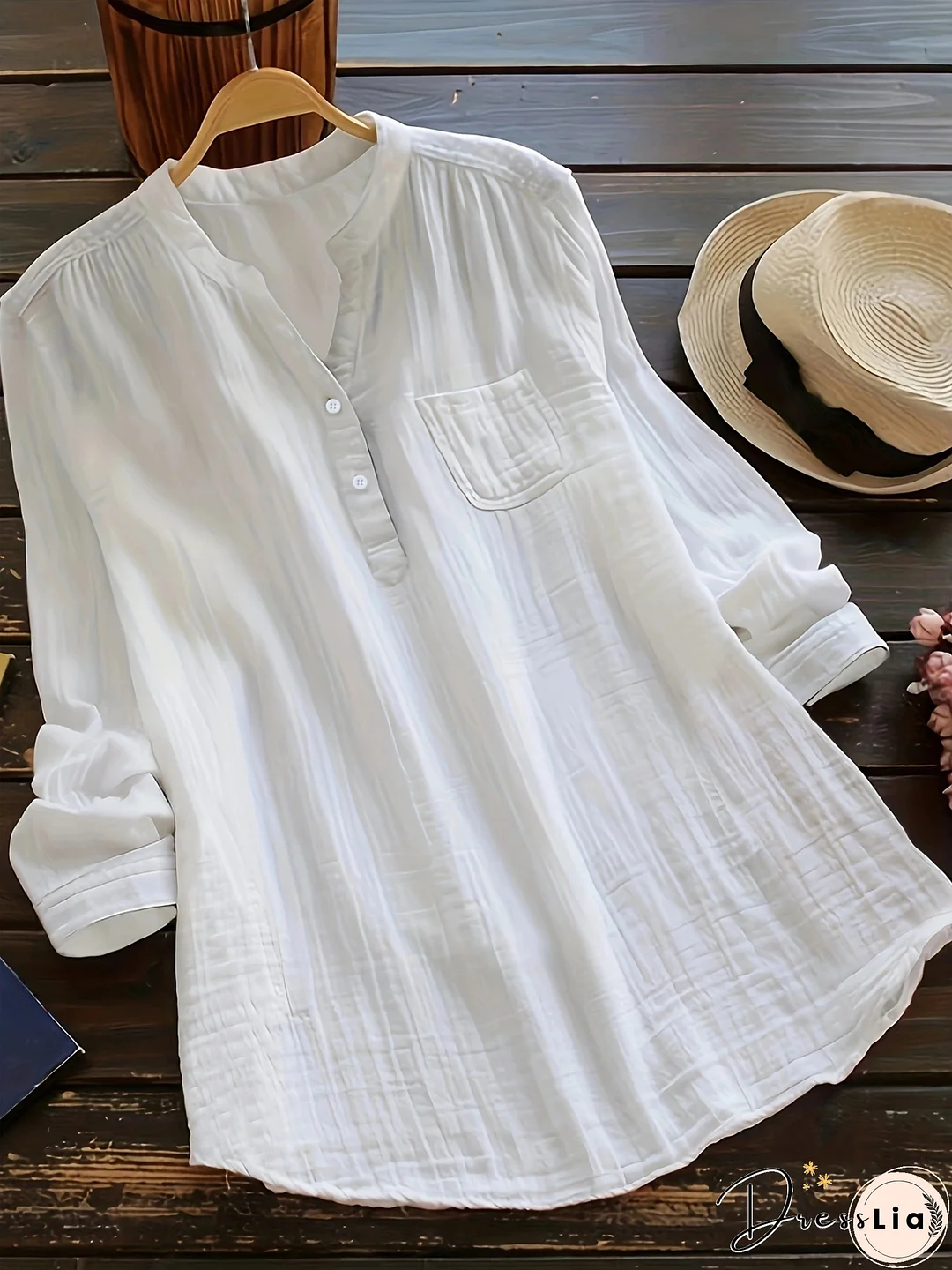 Plus Size Casual Blouse, Women's Plus Solid Long Sleeve Notched Neck Ruched Back Round Hem Slight Stretch Henley Blouse With Pocket