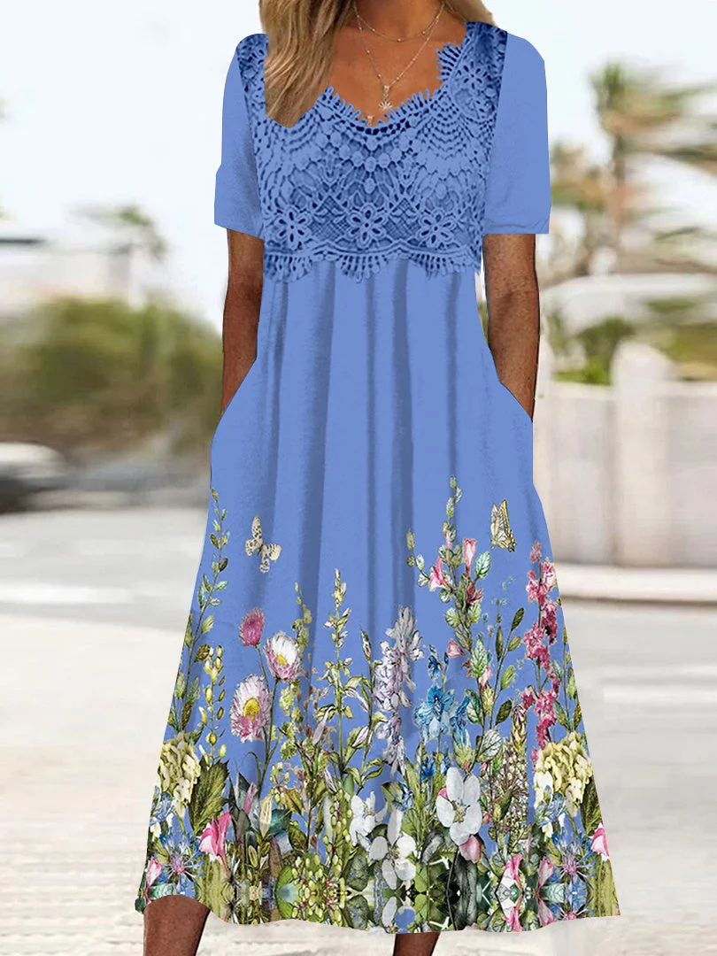 Women's Short Sleeve V-neck Floral Printed Graphic Lace Midi Dress