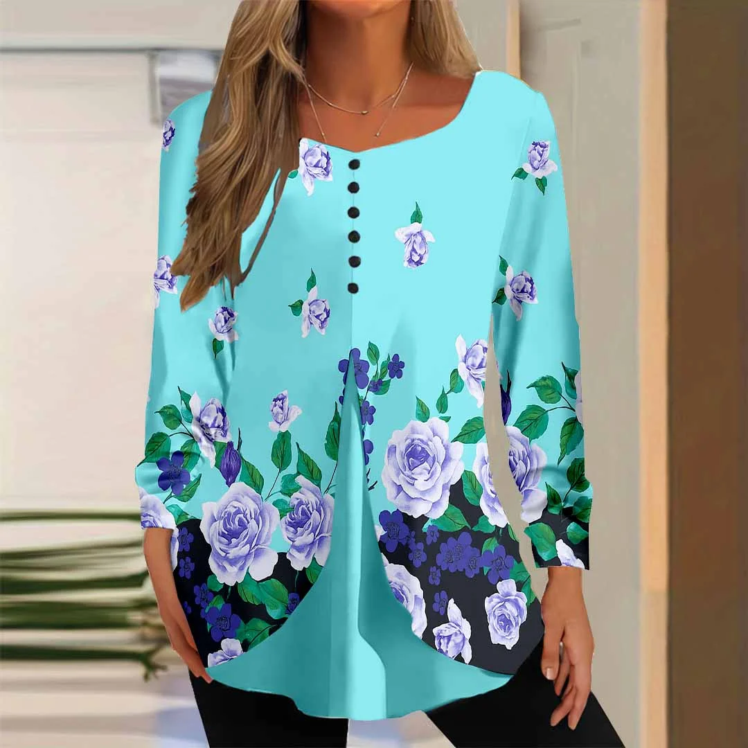 Women Floral,Blue DZGG8303 Long Sleeve Scoop Neck Printed Graphic Button Fake 2in1 Tops