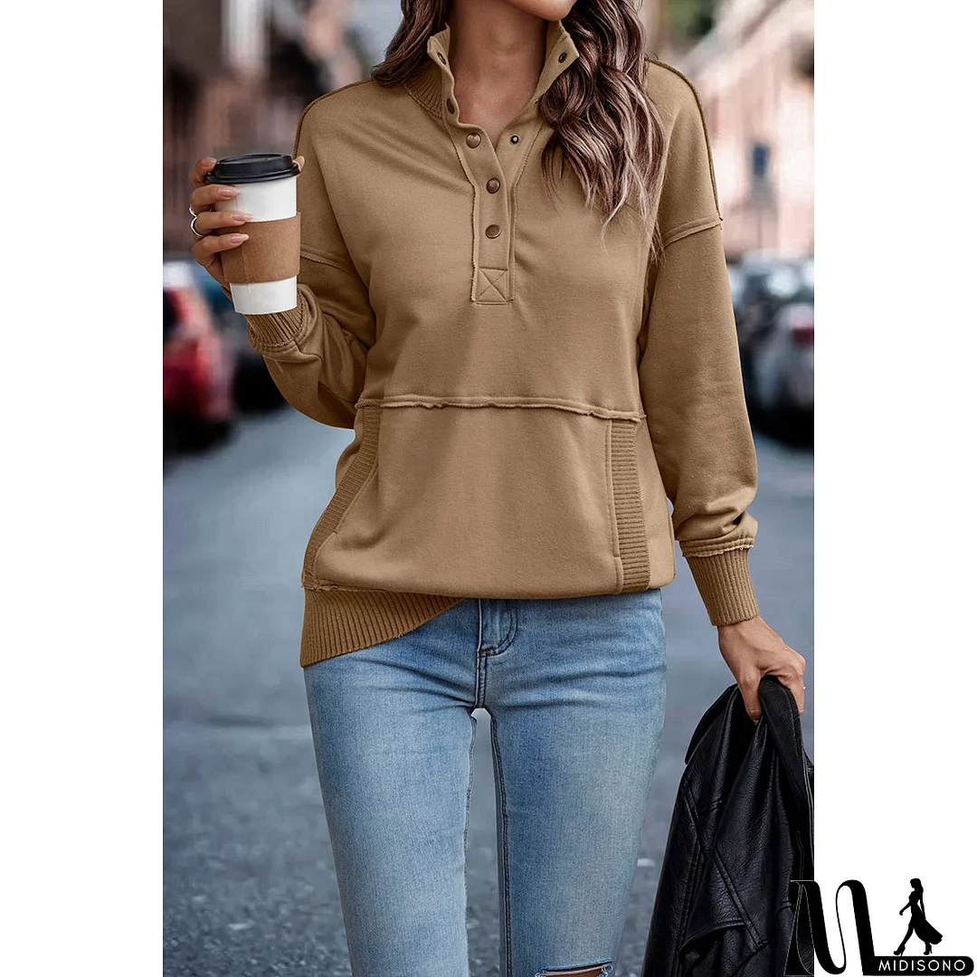 MidiSono - Chic Collared Block Button-Up Sweater