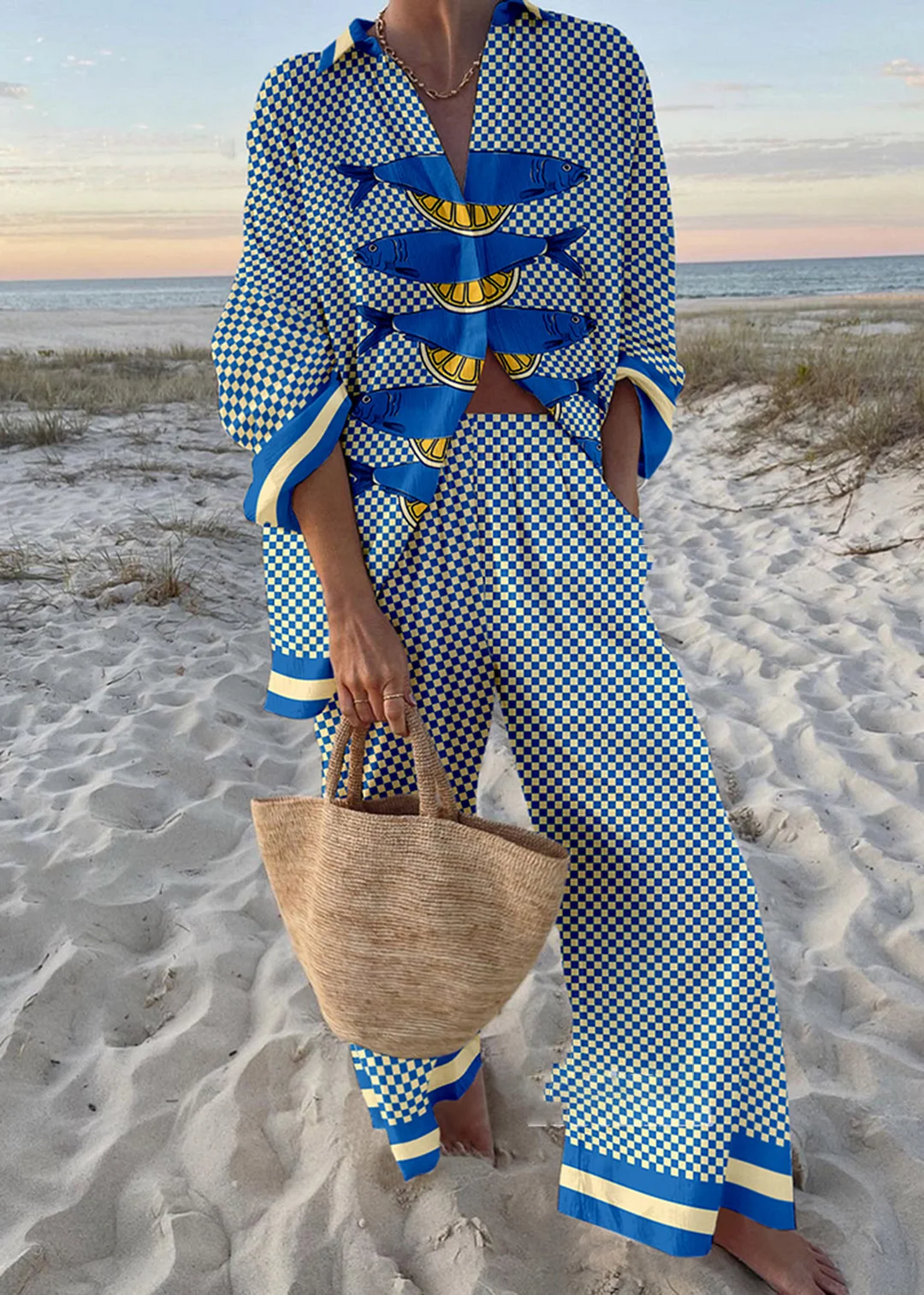 Vintage plaid lemon fish print two-piece set