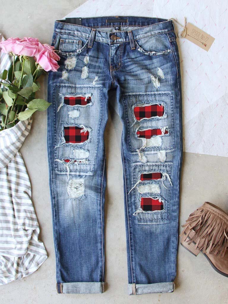 buffalo plaid distressed jeans