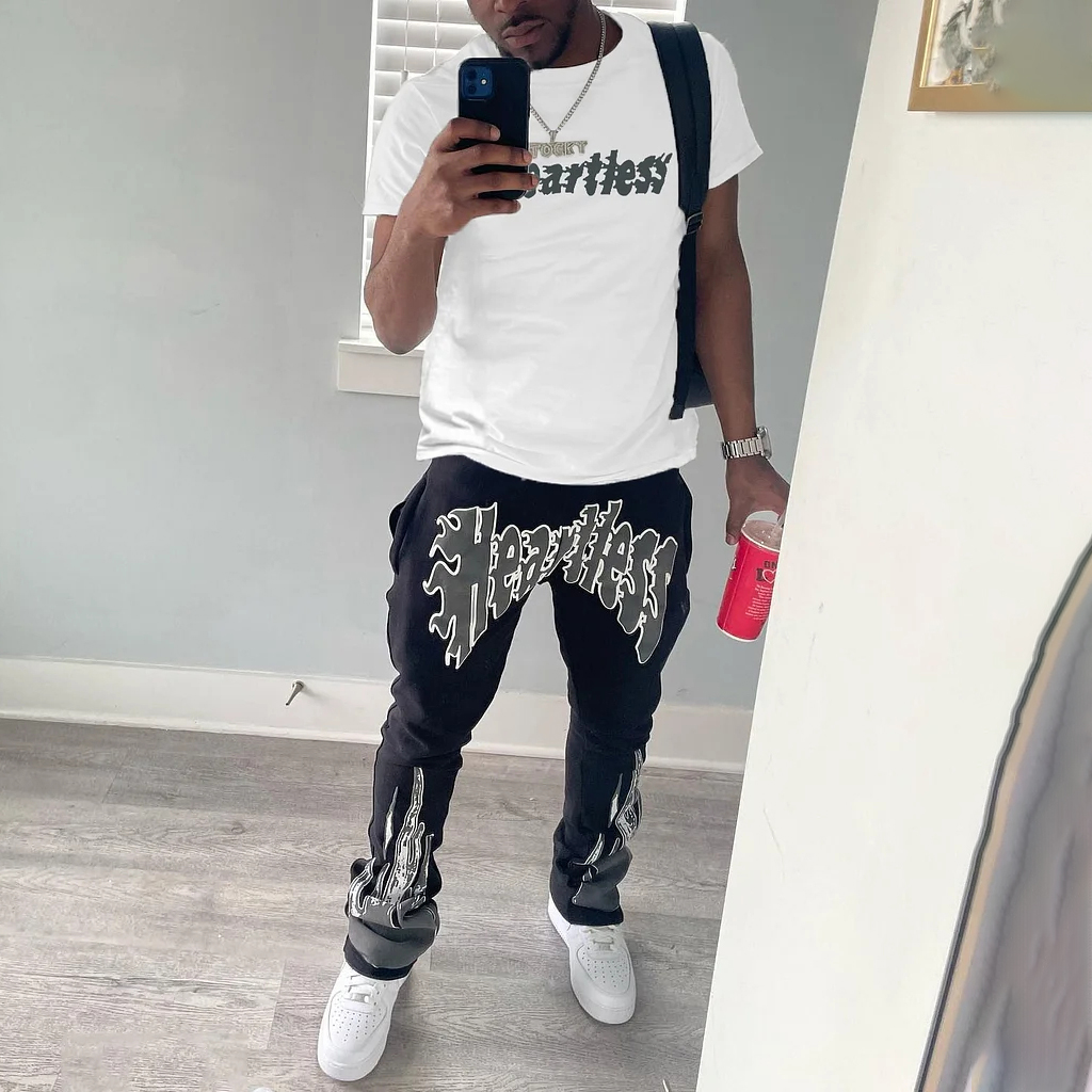 Personalized Vintage Heartless Print Graphic Short Sleeve Tee & Flared Trousers Two Piece Set
