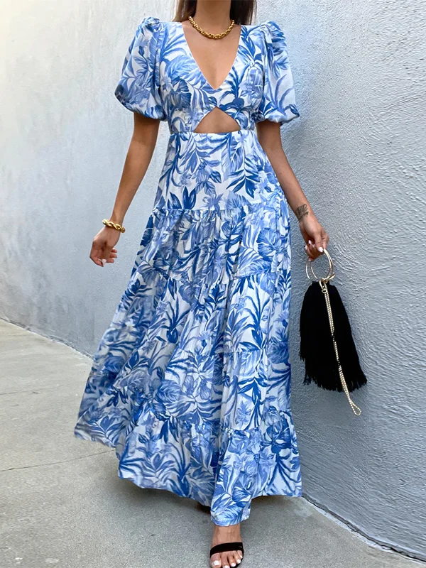 V-neck printed short-sleeved or hollow-out long dress