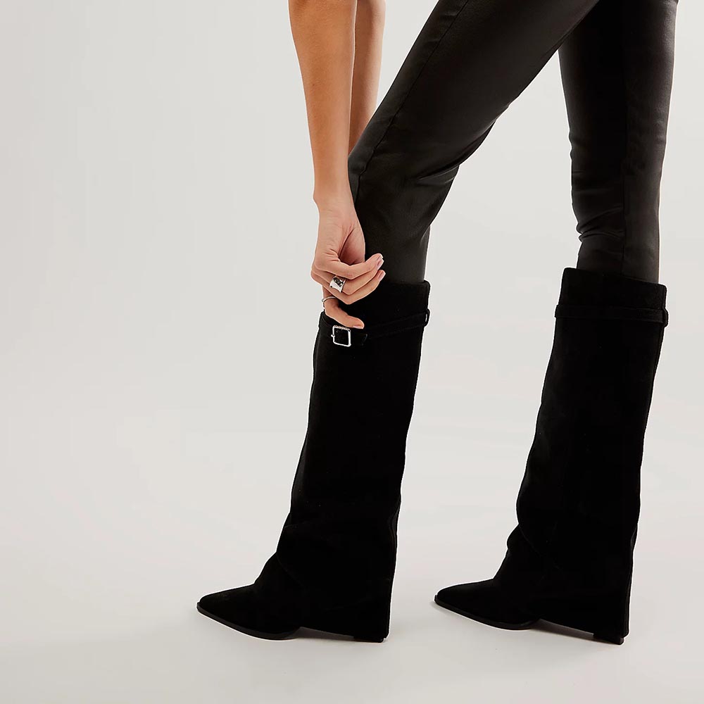 Black Vegan Suede Pointed Toe Buckle Design Fold-Over Heeled Boots