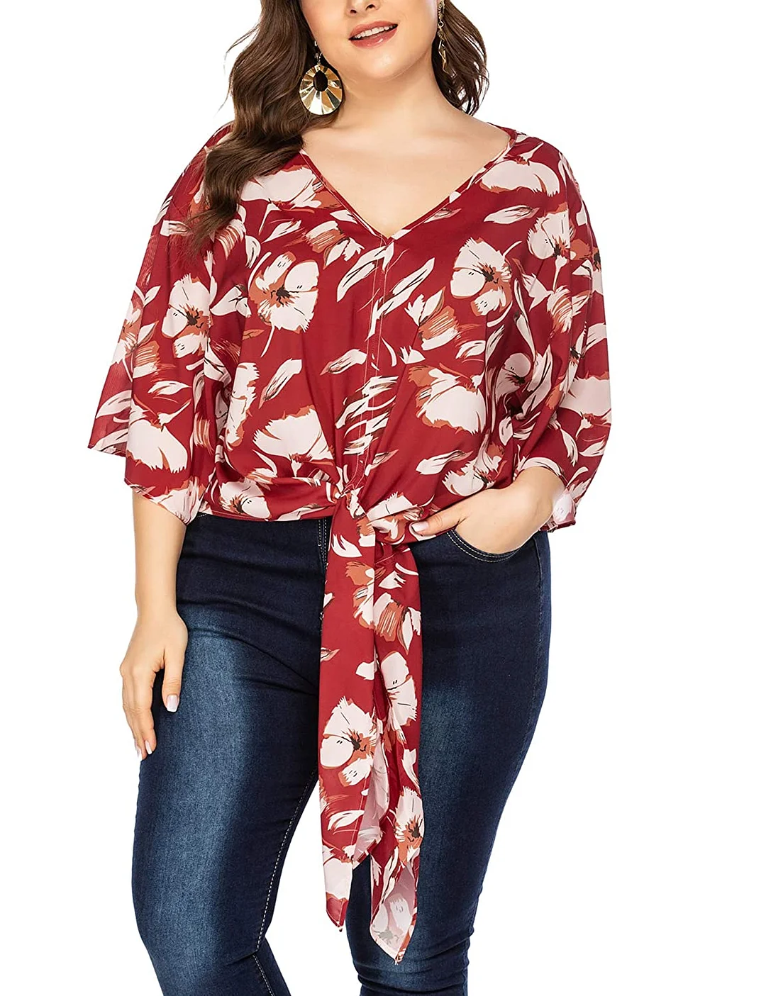 Womens Plus Size Floral Blouse V Neck Short Batwing Sleeve Tie Front Shirts Loose Casual Chiffon Work Tops