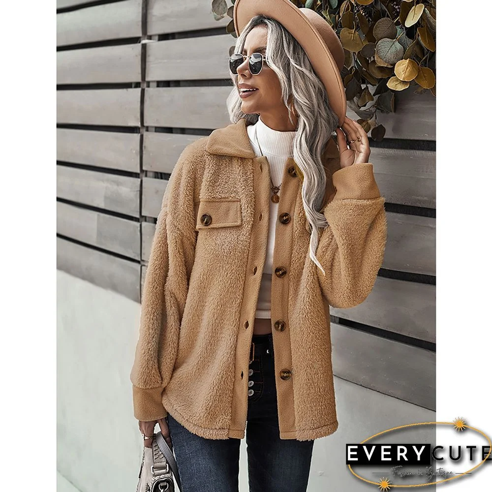 Khaki Double Side Fleece Button Warm Jacket