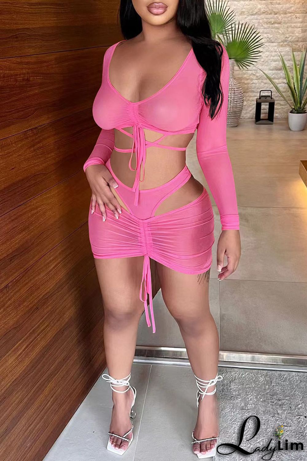 Pink Fashion Sexy Solid Bandage V Neck Long Sleeve Two Pieces