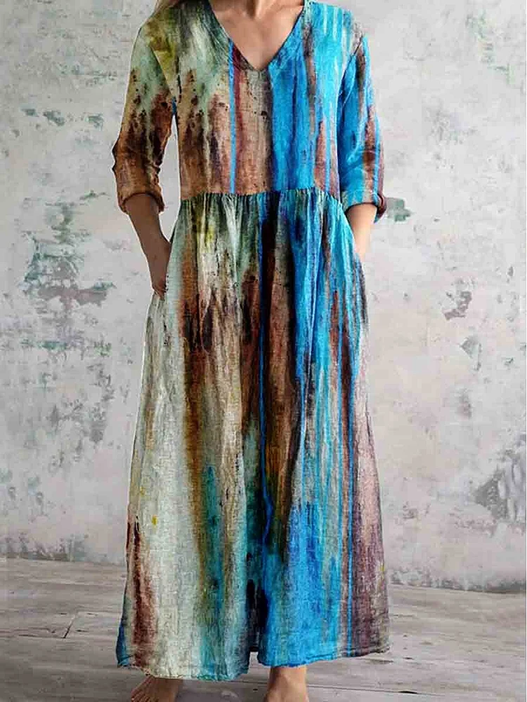 Women's Abstract Art Color V-Neck Dress With Pockets