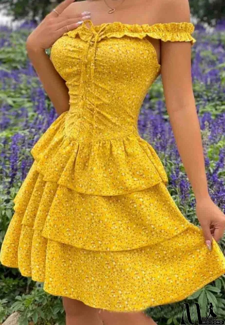 MidiSono - Women's Casual Floral One Shoulder Yellow Dress