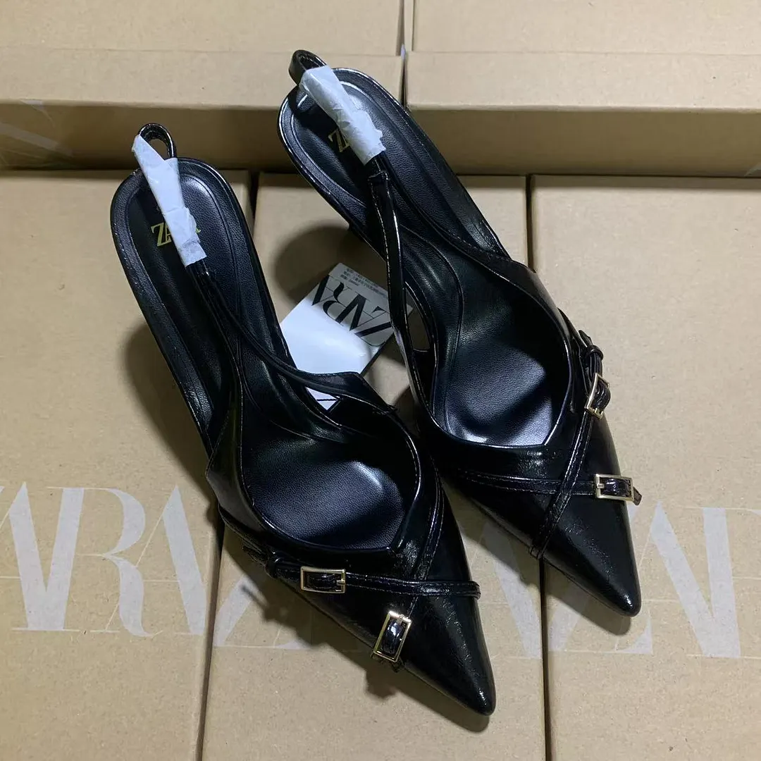 Breakj Breakj French Black High-Heeled Sandals Women's Shoes 2025 New Summer Temperament Famous Pointy-Headed Single Shoes