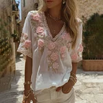Women's Vintage Boho Roses Embroidered Comfy Linen T Shirt - Image 2