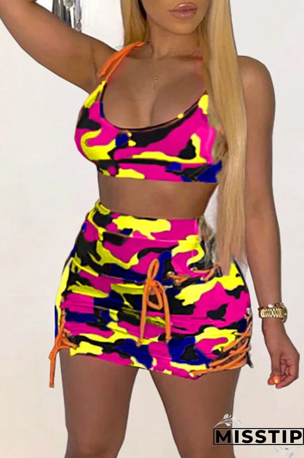 Colour Sexy Print Camouflage Print Bandage Patchwork Spaghetti Strap Two Pieces