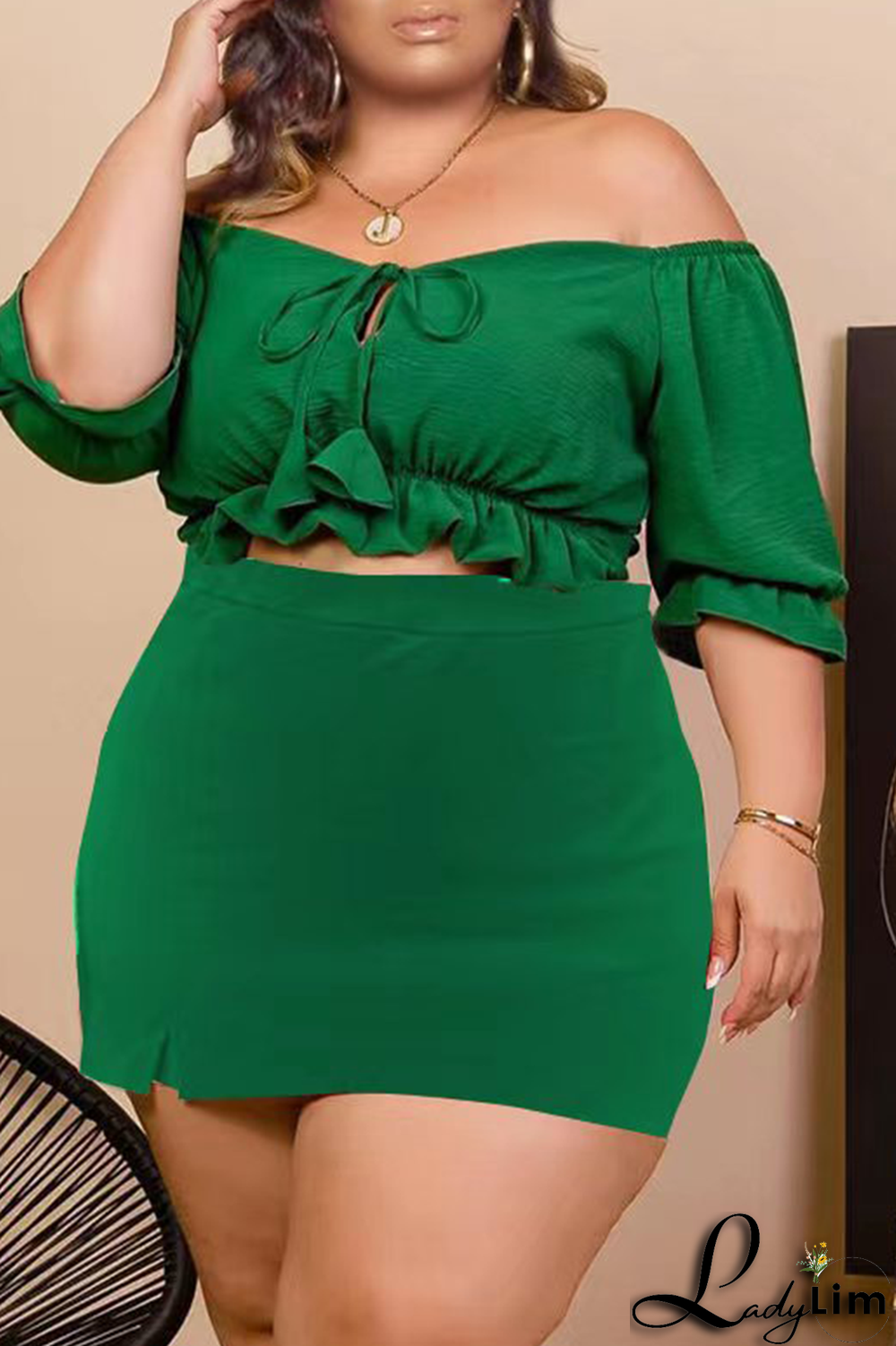 Tangerine Red Sexy Solid Draw String Off the Shoulder Plus Size Two Pieces