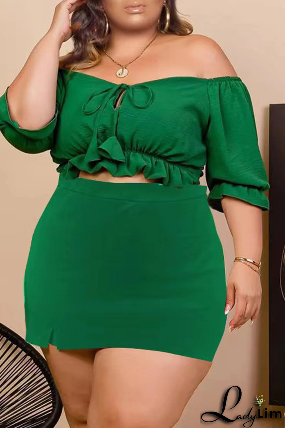 Tangerine Red Sexy Solid Draw String Off the Shoulder Plus Size Two Pieces