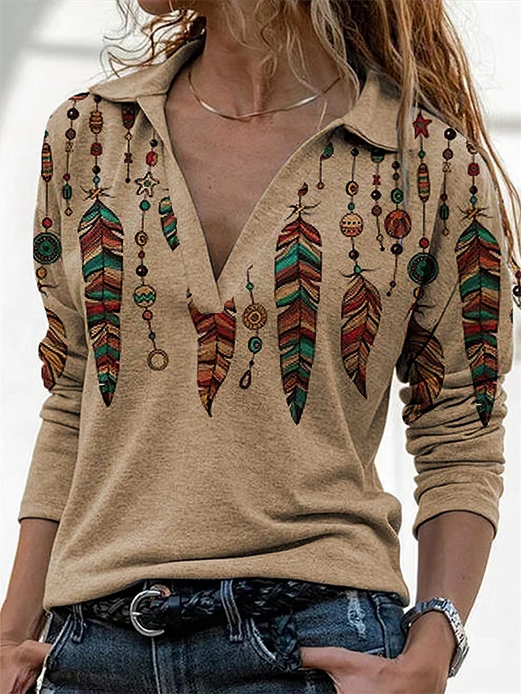 VChics Western Ethnic Feathers V Neck Polo Shirt