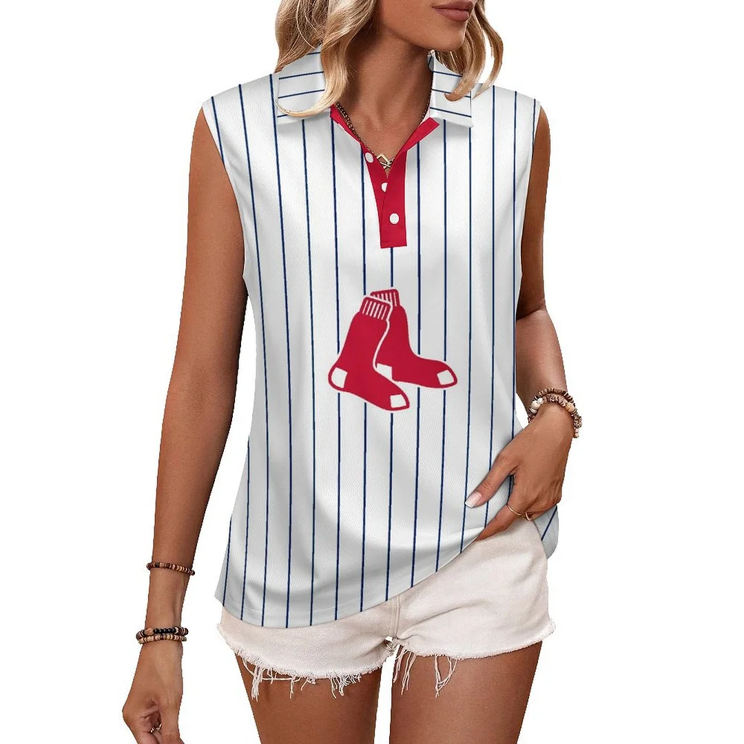V-neck Sleeveless Casual POLO Shirt Tank Top for Women Printed with Pattern Striped