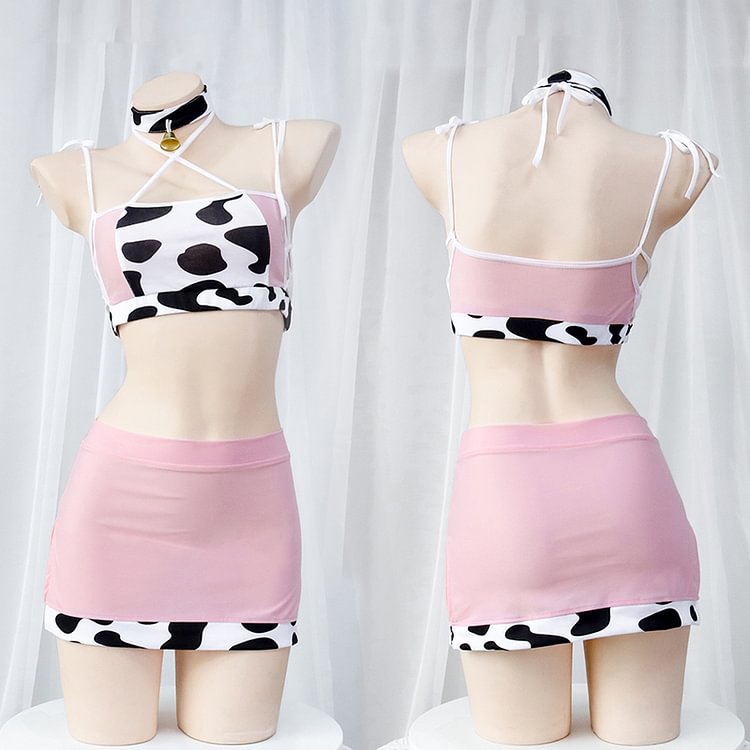 Pink Kawaii Sweet Backless Cow Print Dress Suit Lingerie Sleepwear PE111