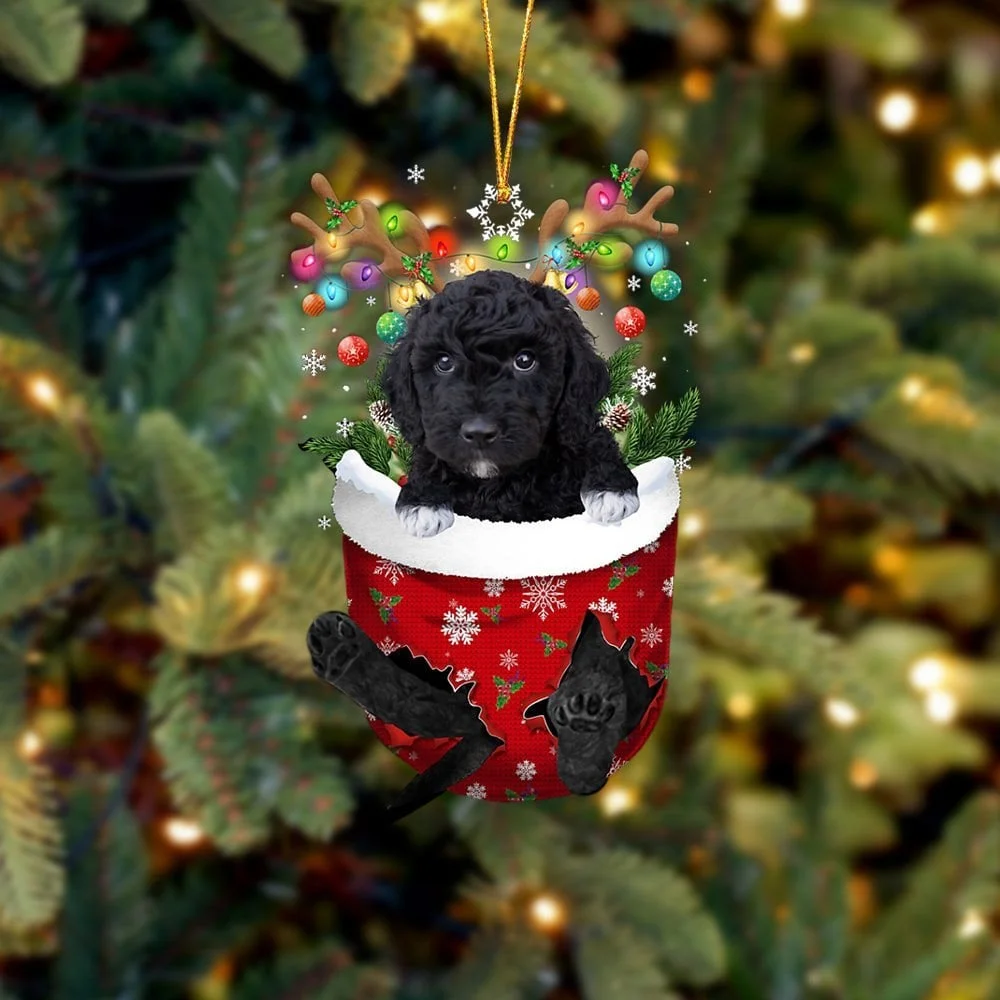 BLACK Goldendoodle In Snow Pocket Christmas Ornament