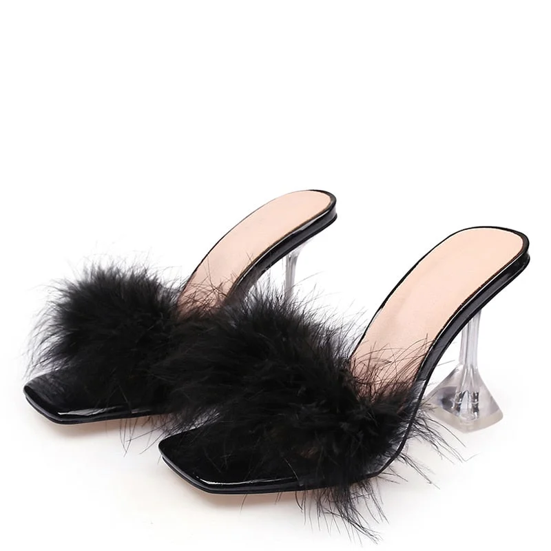 Summer Woman Pumps Transparent Perspex High Heels Fashion Color Feather Fur Peep Toe Mules Slippers Ladies Slides Shoes Sandals