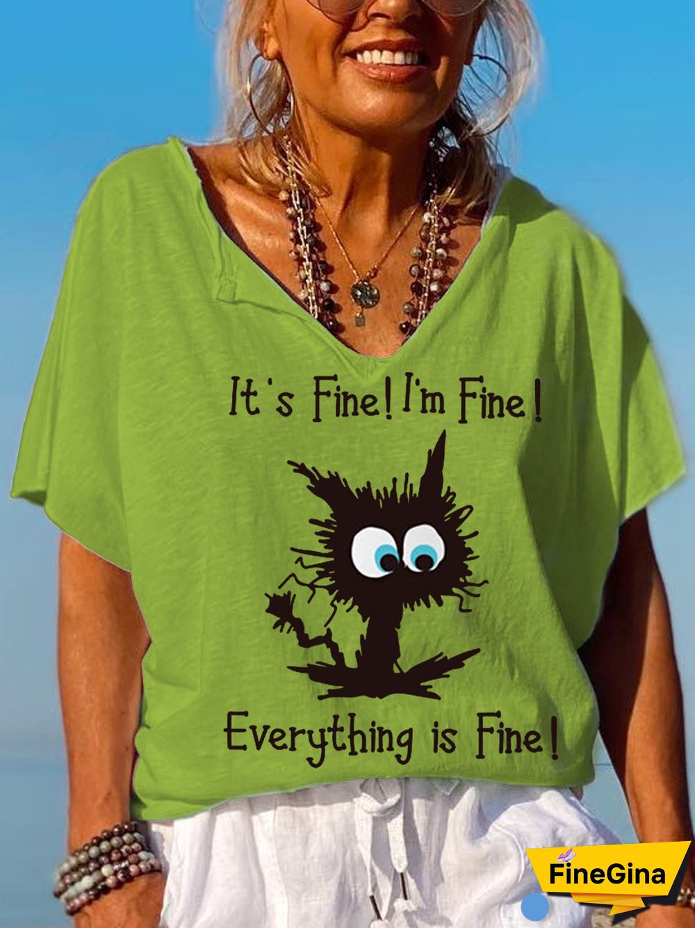Women's It's Fine I'm Fine Everything Is Fine Funny Cat V-Neck Tee