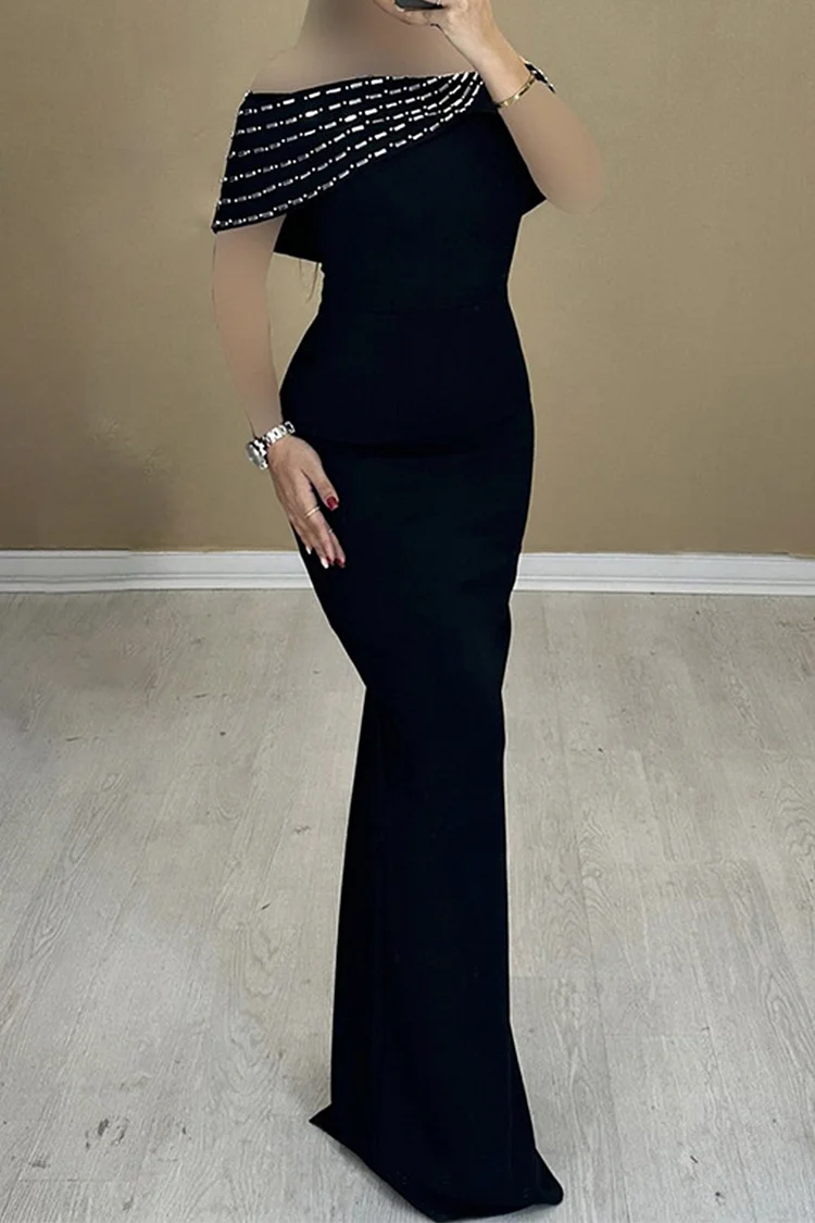Rhinestone Embellished Off The Shoulder Back Slit Maxi Dress-Black
